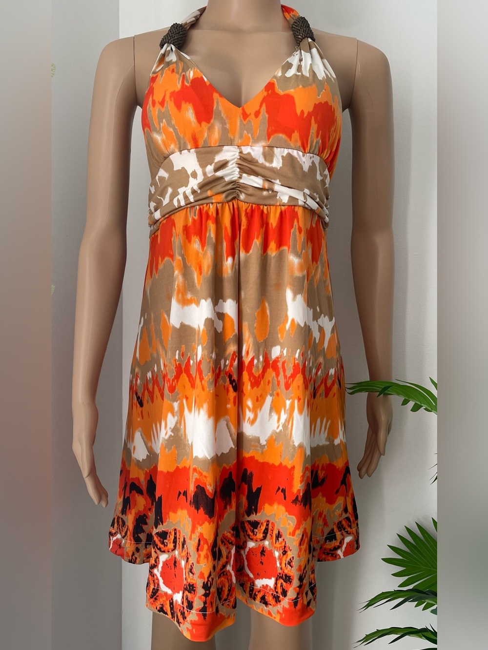 Cristinalove Orange, Tan & White Halter V-Neck Mini Dress